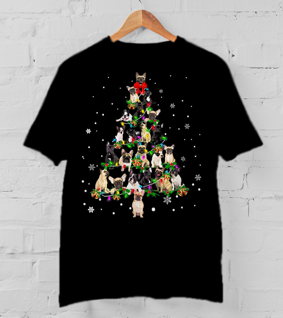 Cute Frenchies Dog Christmas Tree Snowflakes Bright Decorations T-Shirt