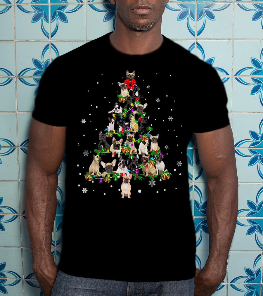 Cute Frenchies Dog Christmas Tree Snowflakes Bright Decorations T-Shirt