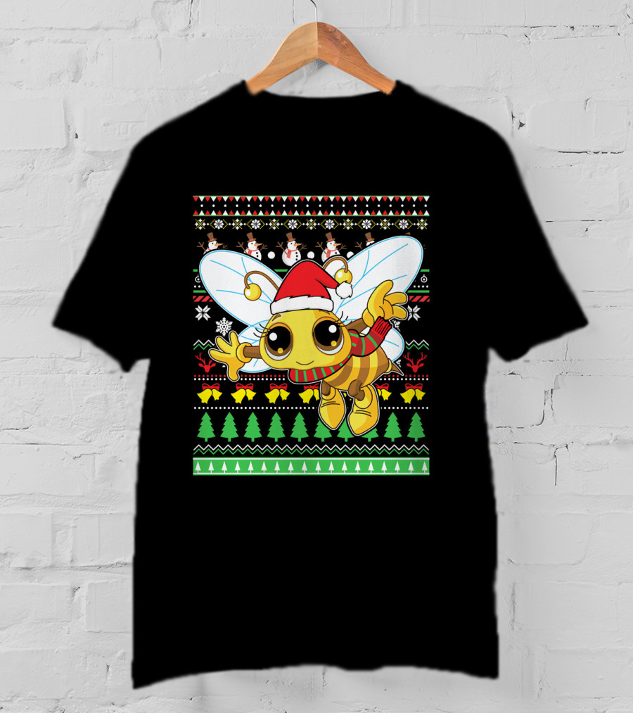UglyBee Santa Claus Lovely Christmas Sweater Pattern With Cartoon Bee T-Shirt