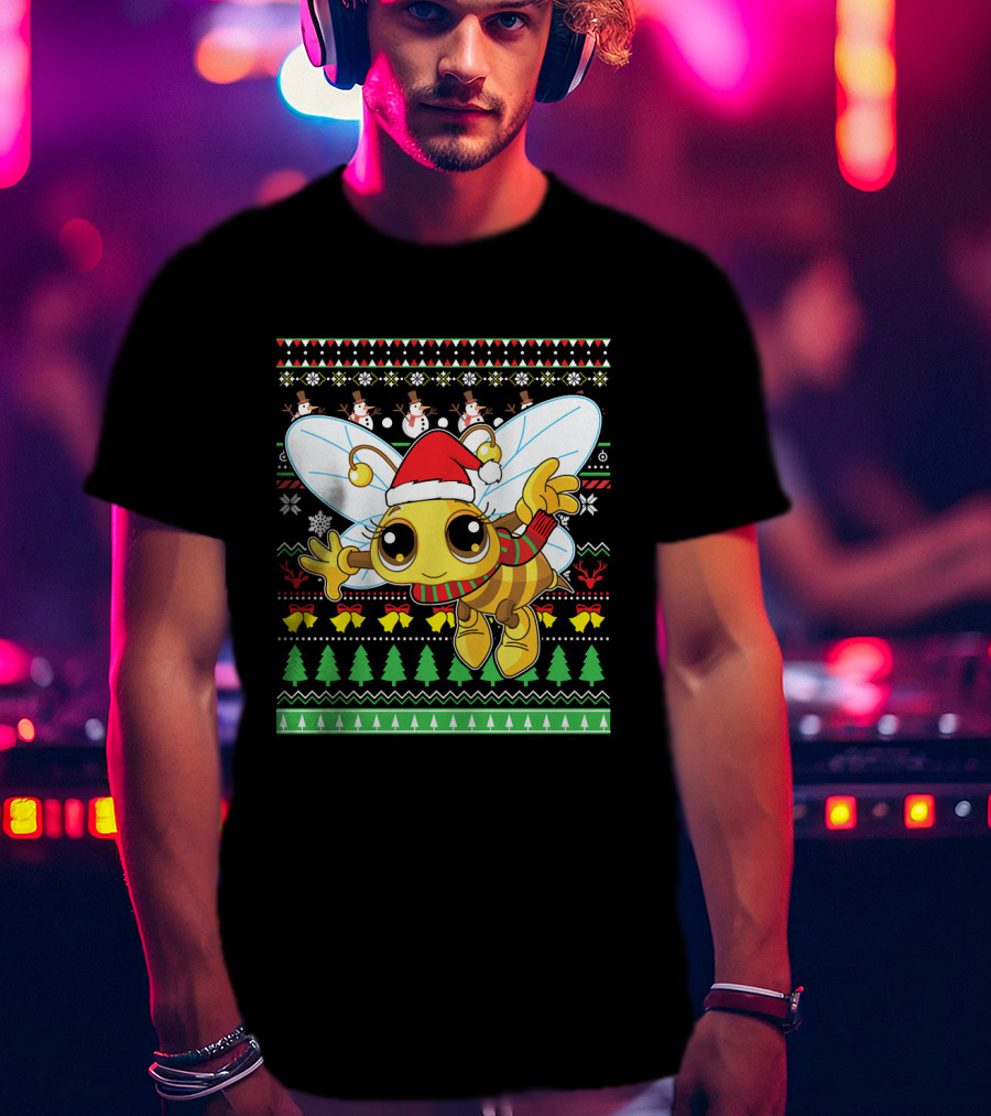 UglyBee Santa Claus Lovely Christmas Sweater Pattern With Cartoon Bee T-Shirt