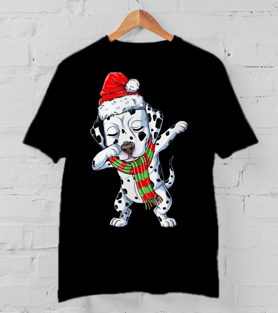 Dabbing Dalmatian Puppy In Santa Hat And Festive Scarf T-Shirt