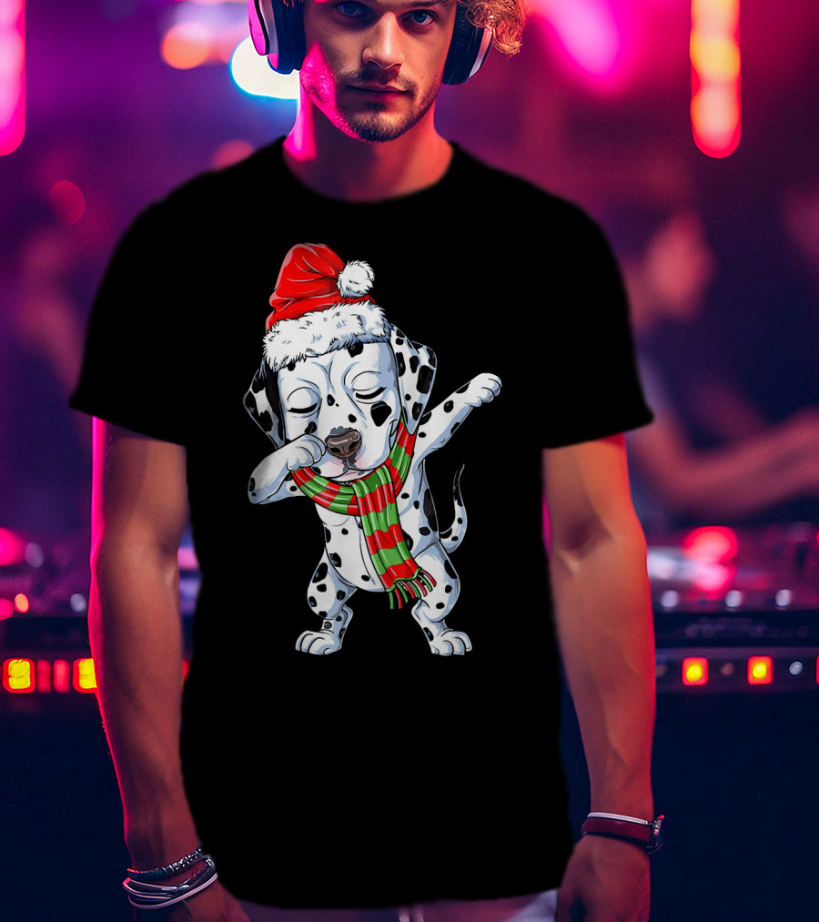 Dabbing Dalmatian Puppy In Santa Hat And Festive Scarf T-Shirt