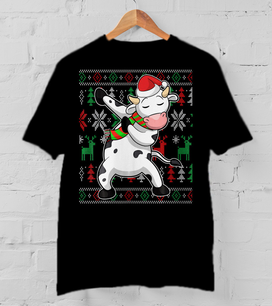 Ugly Christmas Dabbing Santa Cow With Festive Reindeer And Snowflakes T-Shirt