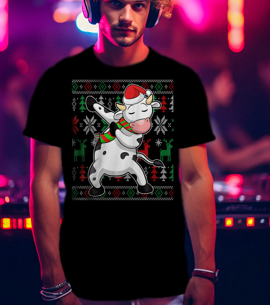 Ugly Christmas Dabbing Santa Cow With Festive Reindeer And Snowflakes T-Shirt