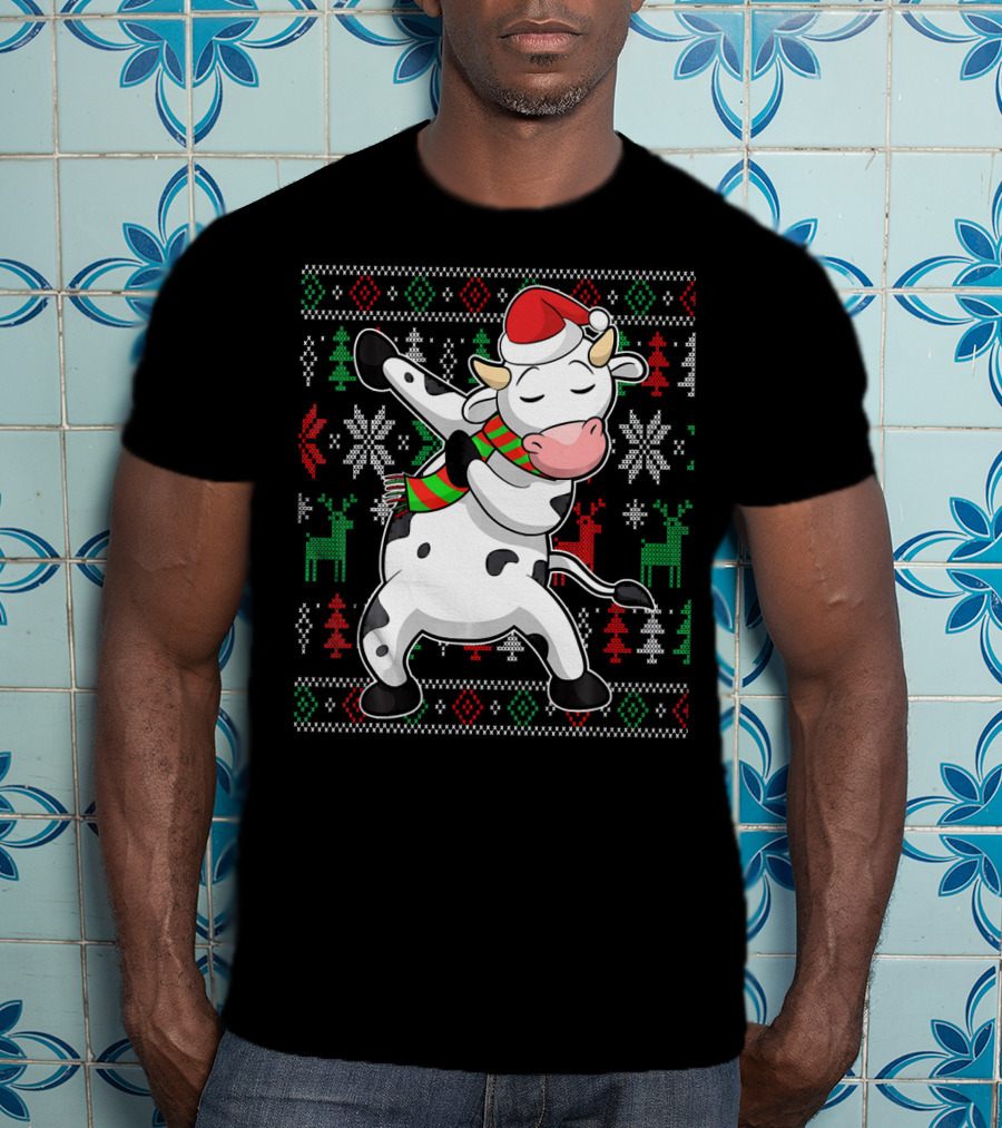 Ugly Christmas Dabbing Santa Cow With Festive Reindeer And Snowflakes T-Shirt