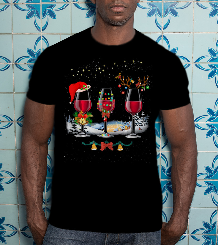 Three Christmas Red Wine Glasses Santa Hat Reindeer Lights Snowy Village T-Shirt