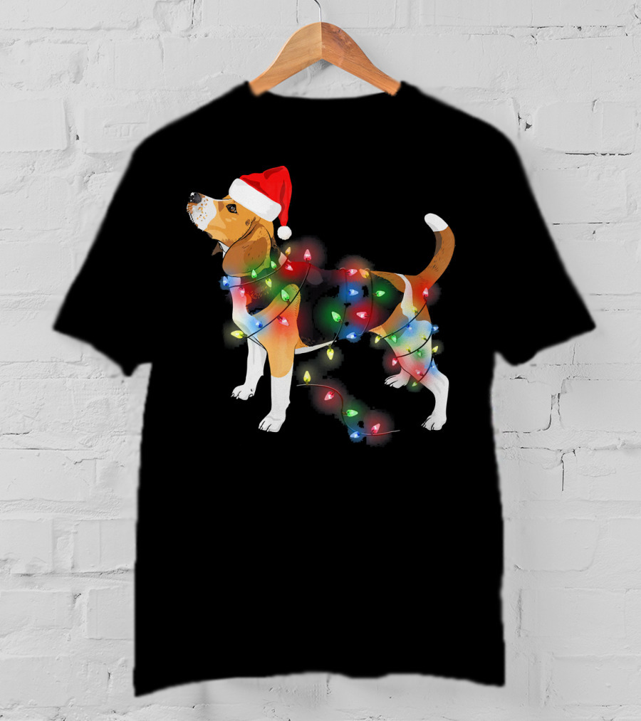 Beagle With Christmas Lights And Santa Hat T-Shirt