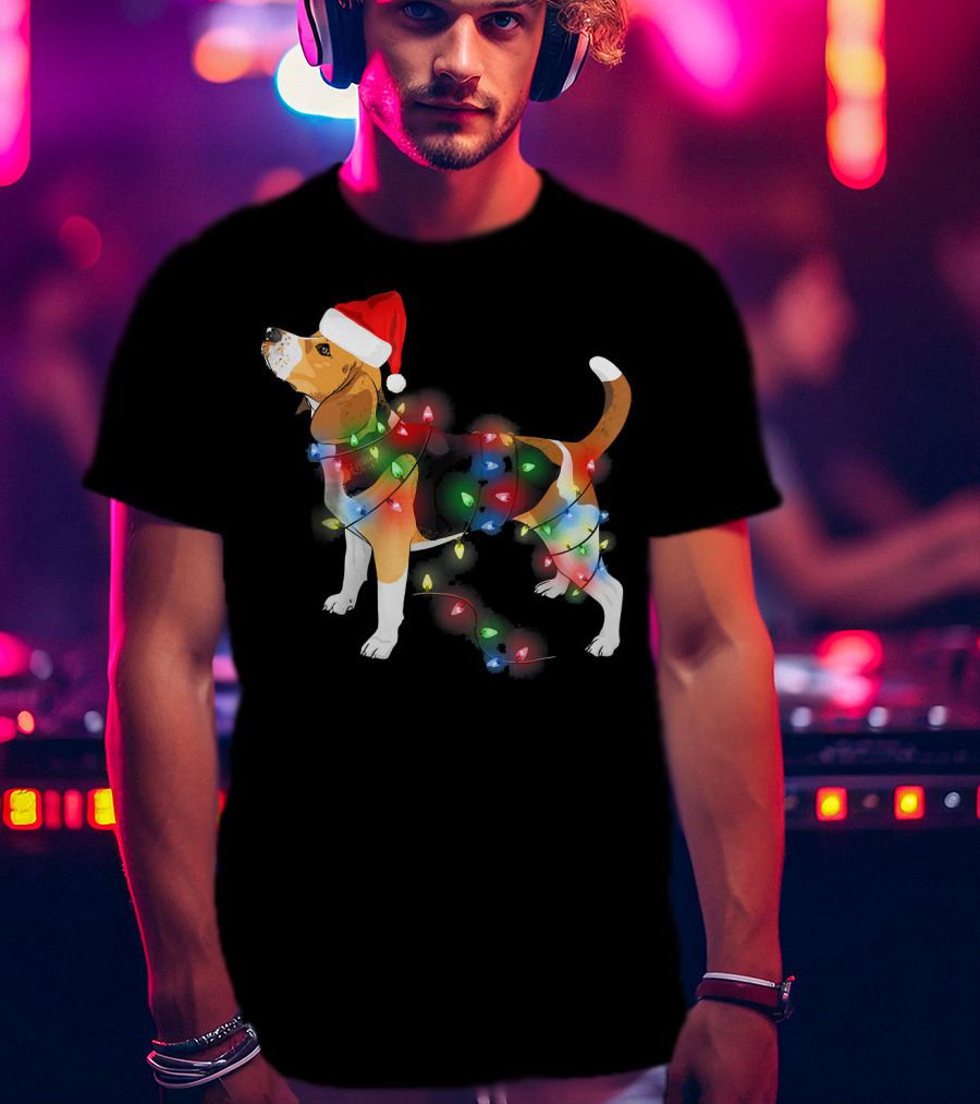 Beagle With Christmas Lights And Santa Hat T-Shirt
