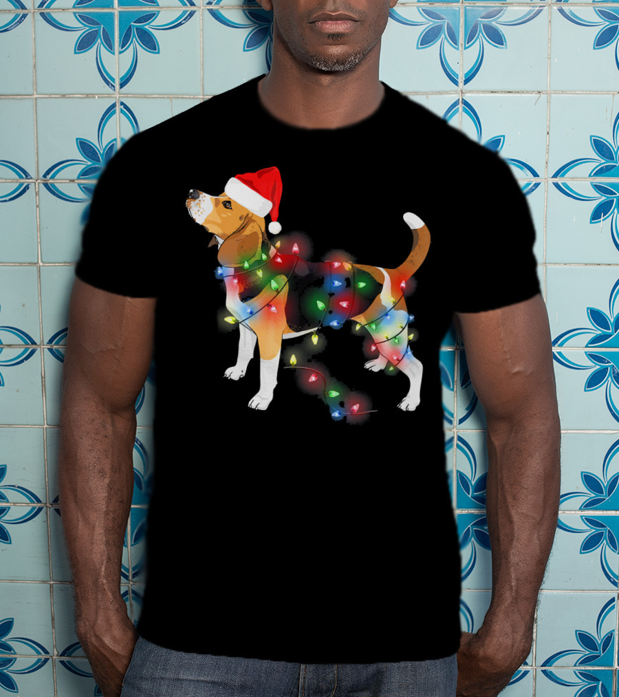 Beagle With Christmas Lights And Santa Hat T-Shirt