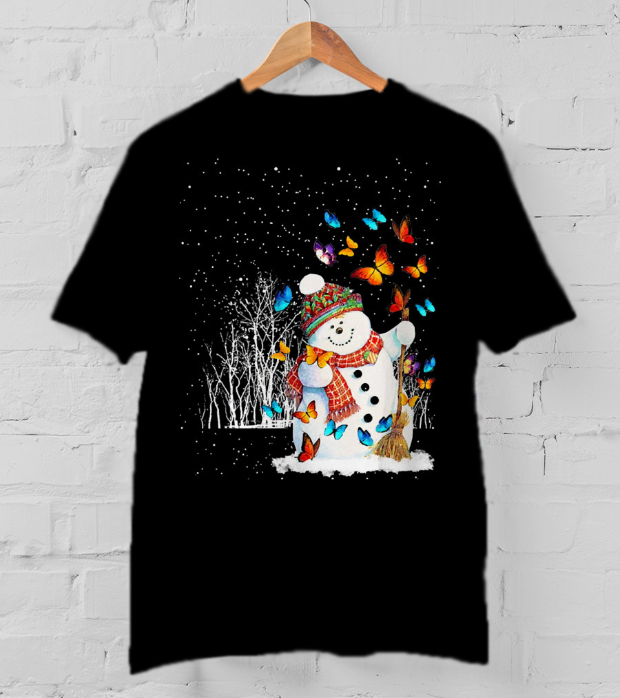 Snowman With Butterflies In A Snowy Forest T-Shirt