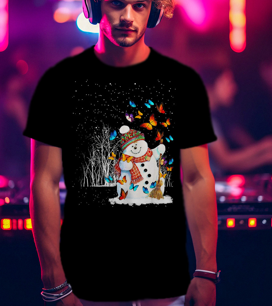 Snowman With Butterflies In A Snowy Forest T-Shirt
