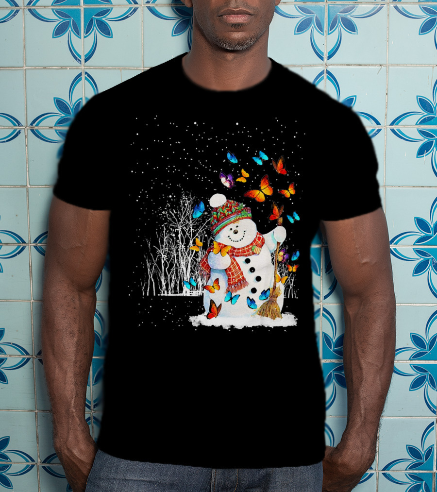 Snowman With Butterflies In A Snowy Forest T-Shirt