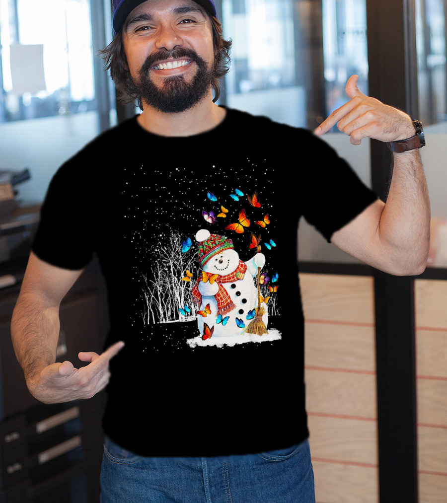 Snowman With Butterflies In A Snowy Forest T-Shirt