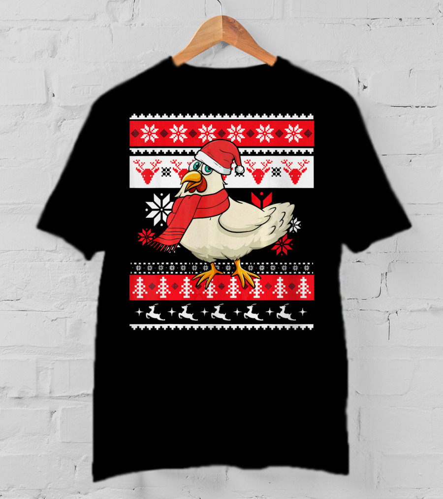 Ugly Christmas Chicken Santa Hat Snowflakes Reindeer Red Scarf T-Shirt