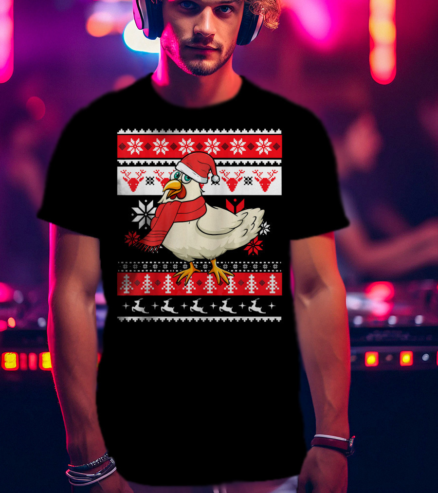 Ugly Christmas Chicken Santa Hat Snowflakes Reindeer Red Scarf T-Shirt