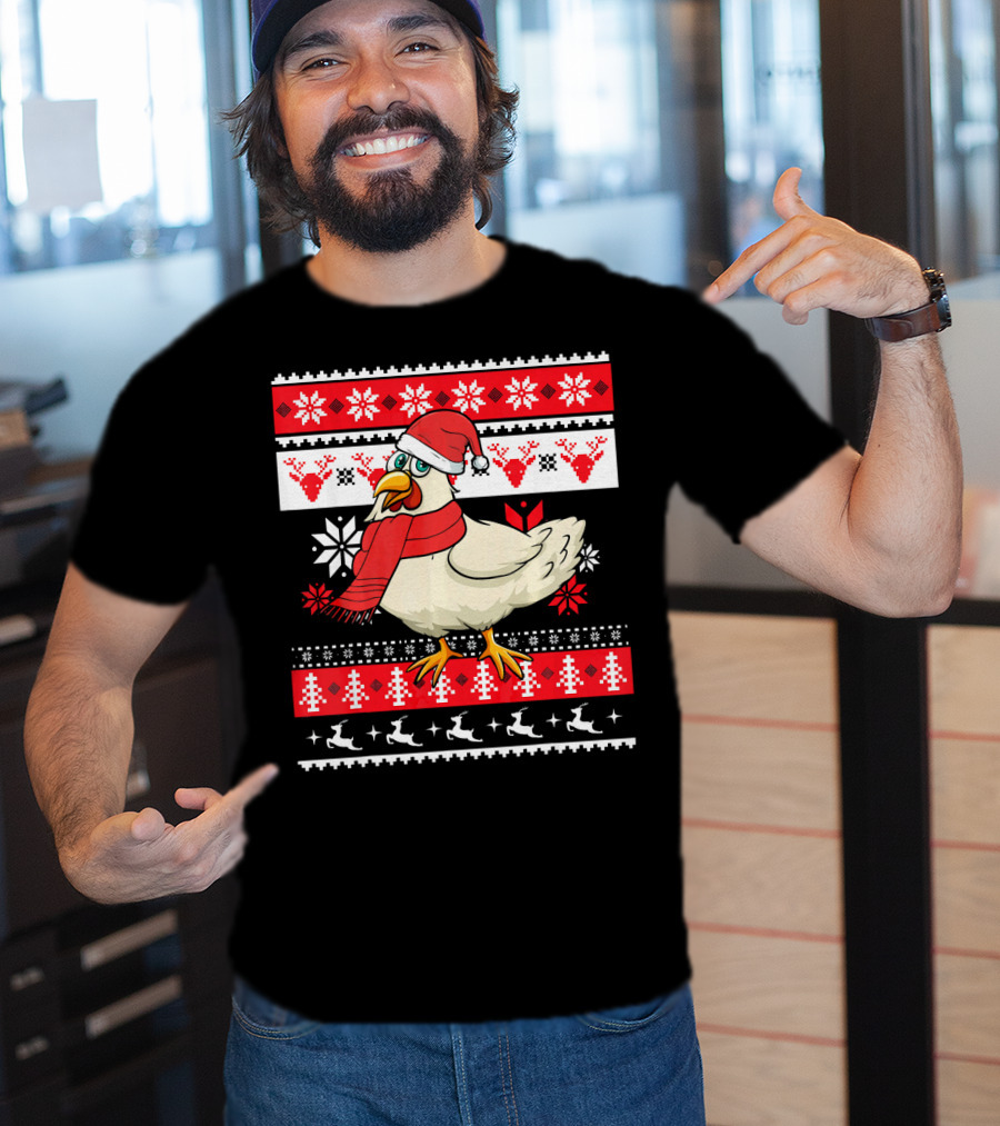 Ugly Christmas Chicken Santa Hat Snowflakes Reindeer Red Scarf T-Shirt