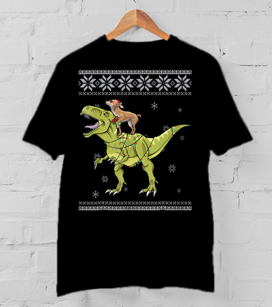 Chihuahua Riding Rex Dinosaur With Christmas Lights And Snowflakes T-Shirt