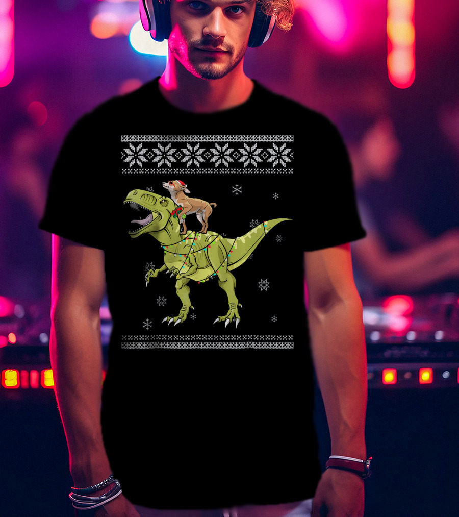 Chihuahua Riding Rex Dinosaur With Christmas Lights And Snowflakes T-Shirt
