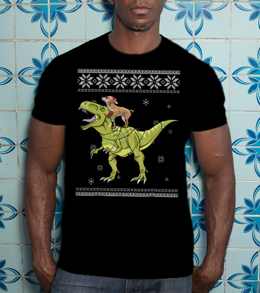 Chihuahua Riding Rex Dinosaur With Christmas Lights And Snowflakes T-Shirt