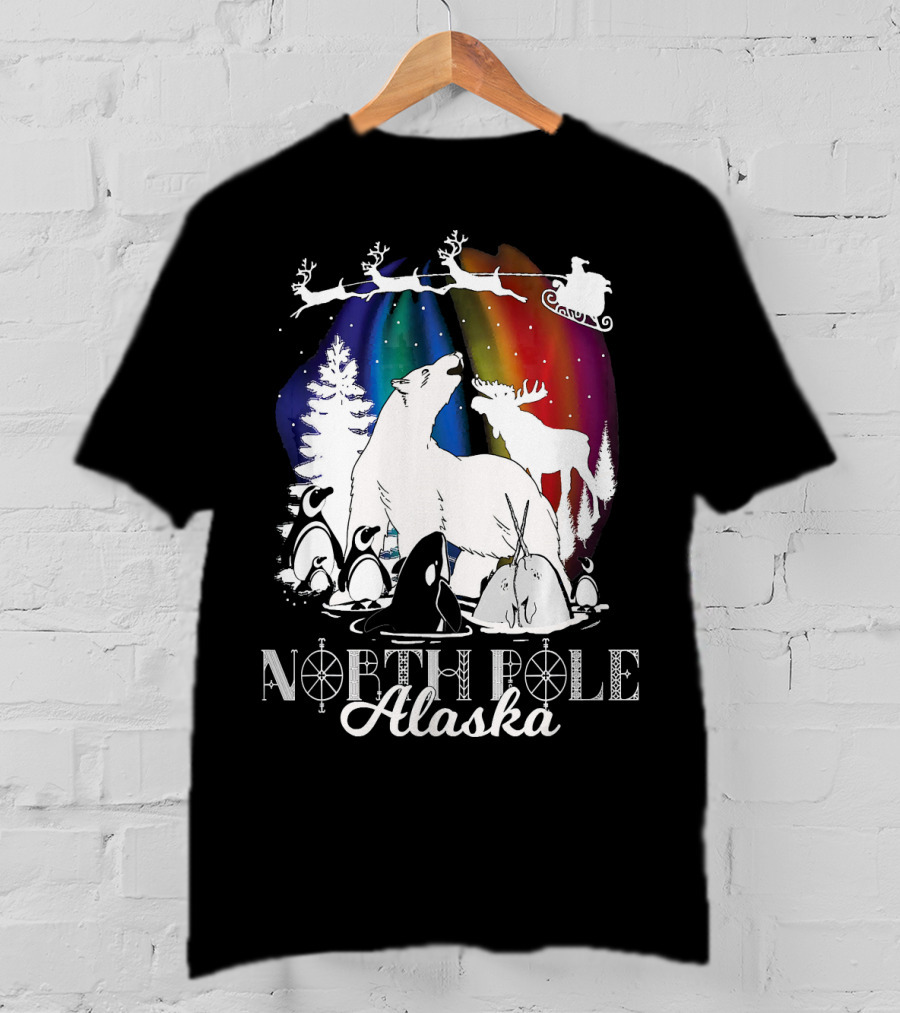 North Pole Alaska Aurora Borealis Polar Bears Reindeer Penguins Santa Sleigh T-Shirt