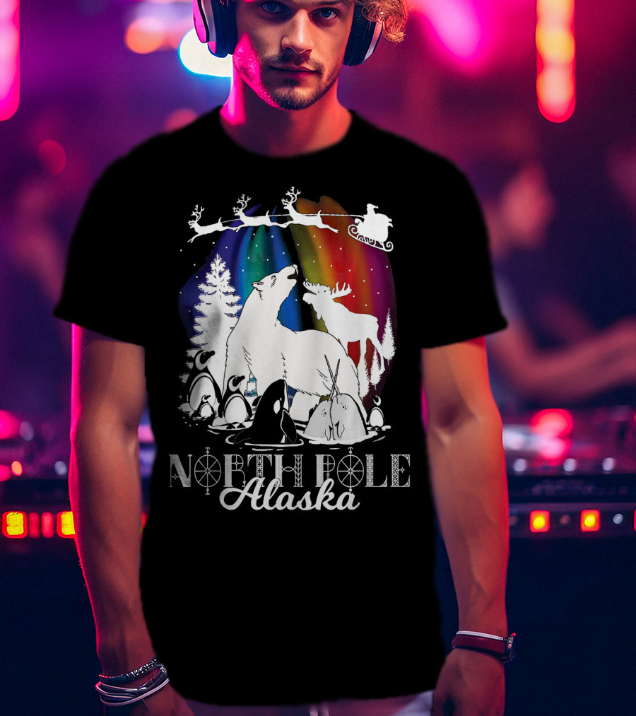 North Pole Alaska Aurora Borealis Polar Bears Reindeer Penguins Santa Sleigh T-Shirt