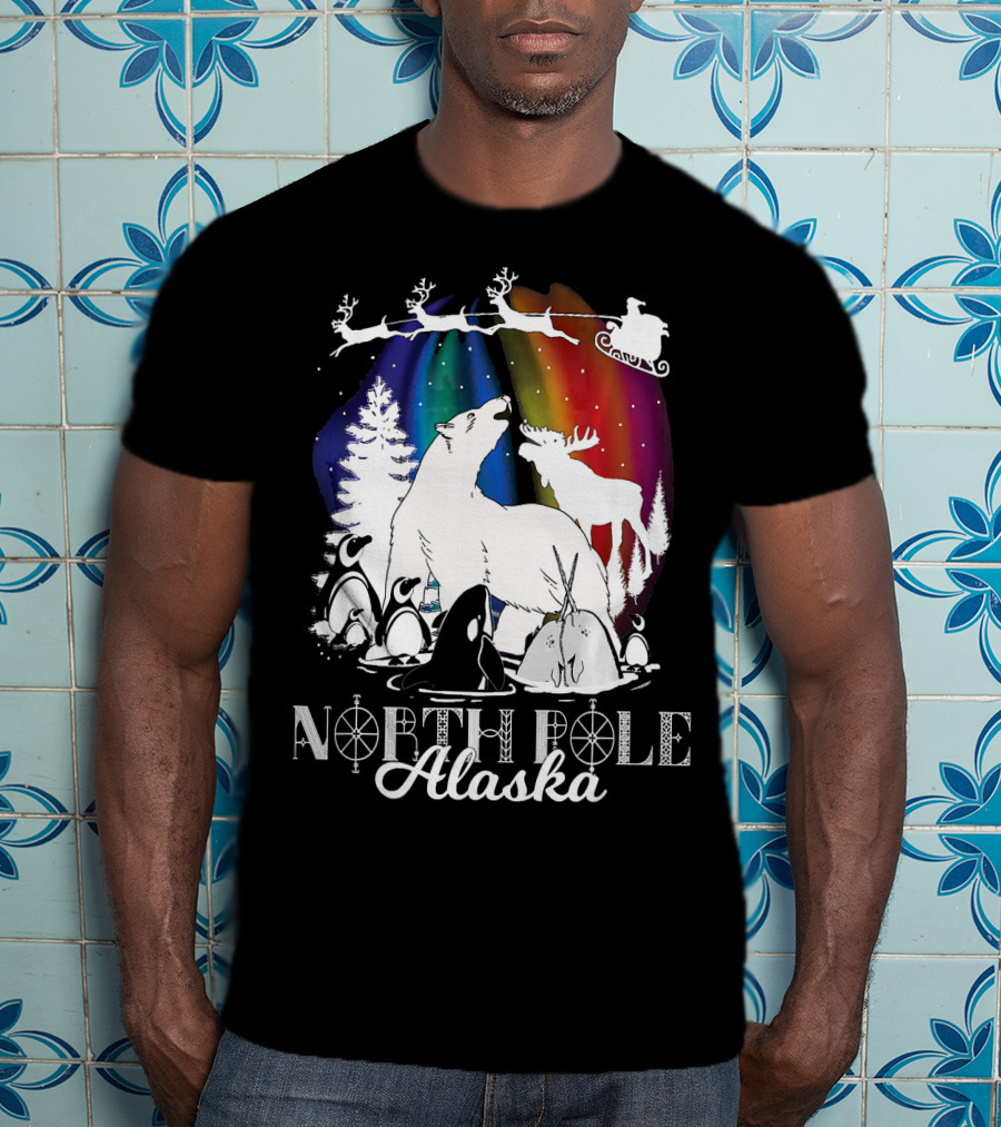 North Pole Alaska Aurora Borealis Polar Bears Reindeer Penguins Santa Sleigh T-Shirt
