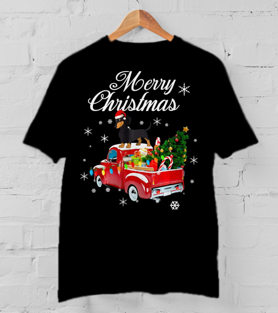 Merry Christmas Dachshund On Red Truck With Gifts And Tree T-Shirt