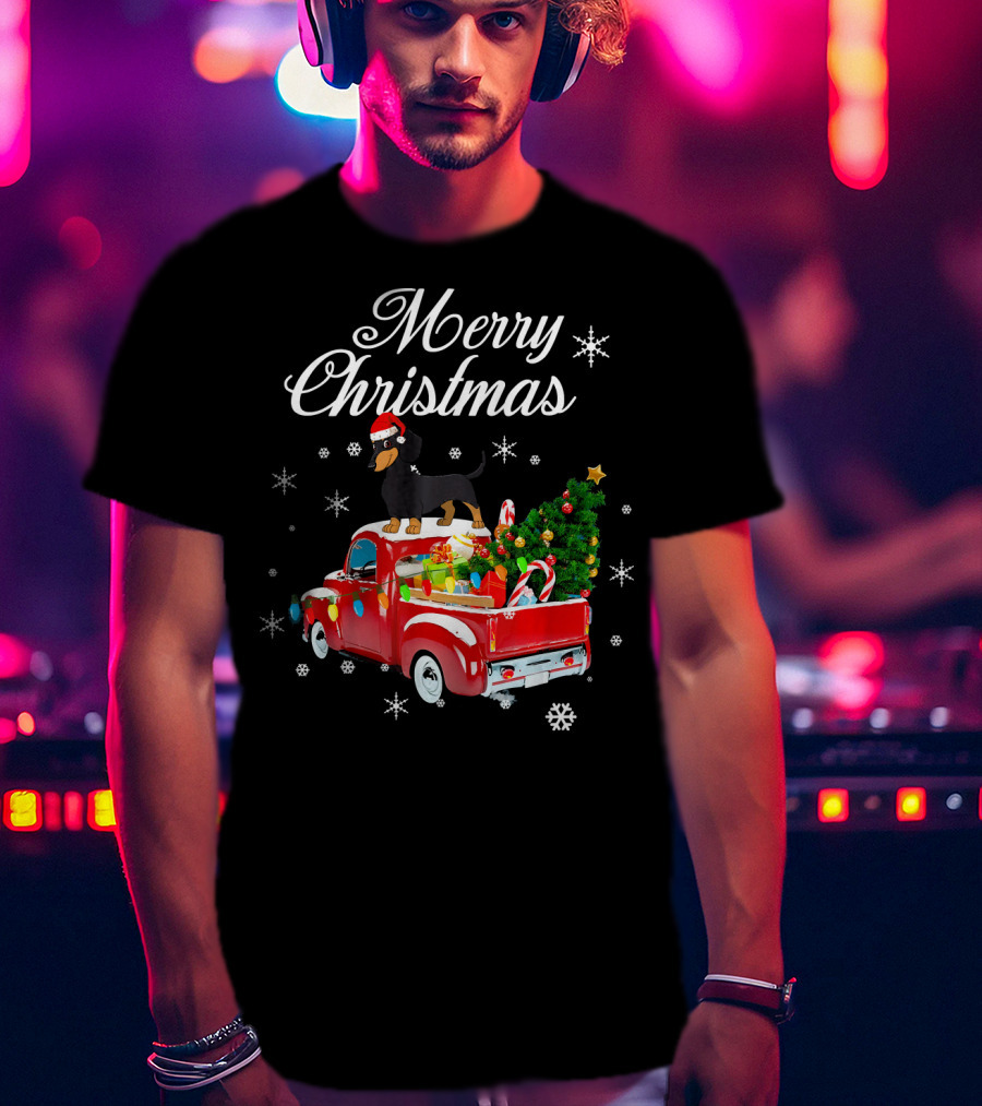 Merry Christmas Dachshund On Red Truck With Gifts And Tree T-Shirt