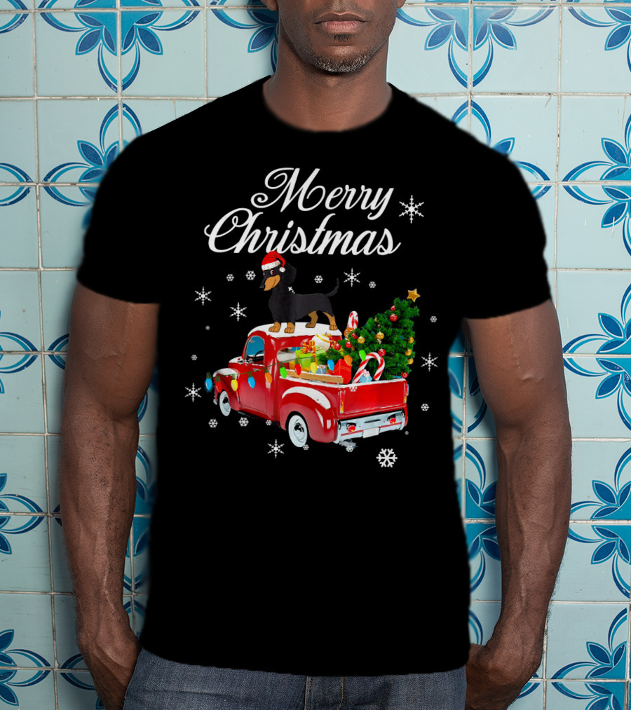 Merry Christmas Dachshund On Red Truck With Gifts And Tree T-Shirt