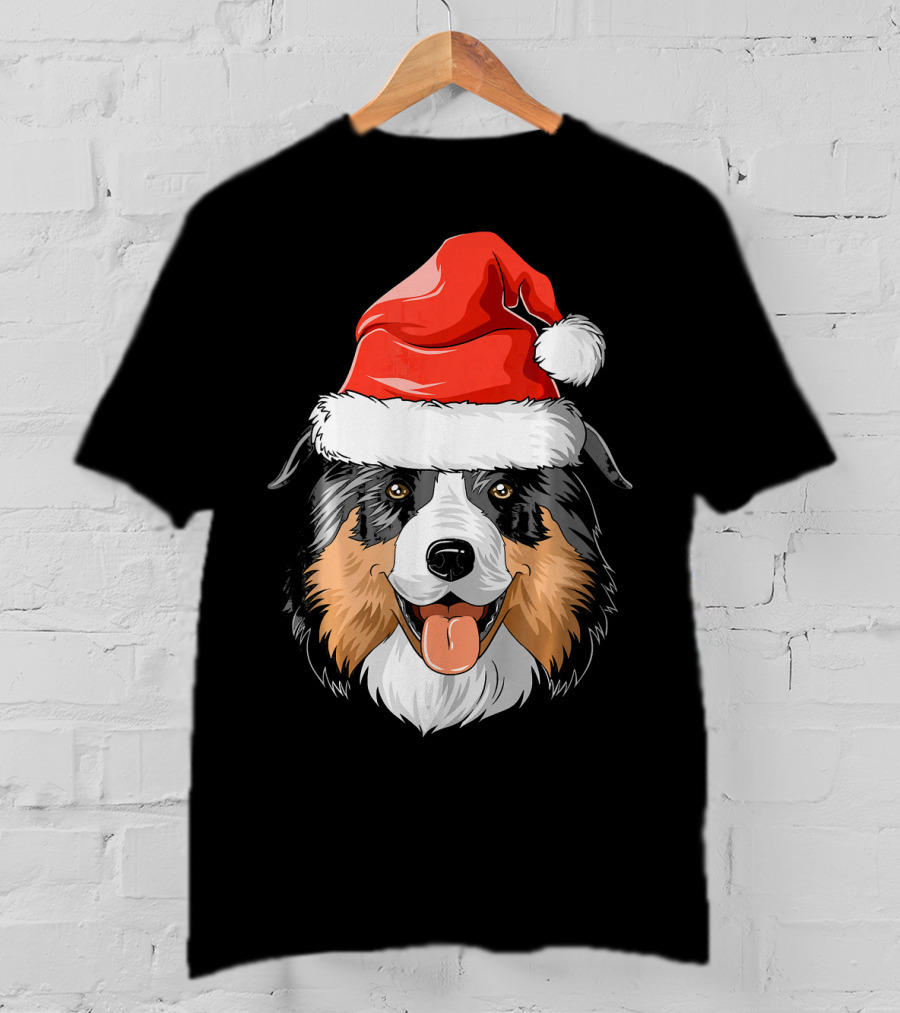 Australian Shepherd Dog Wearing Festive Santa Hat T-Shirt