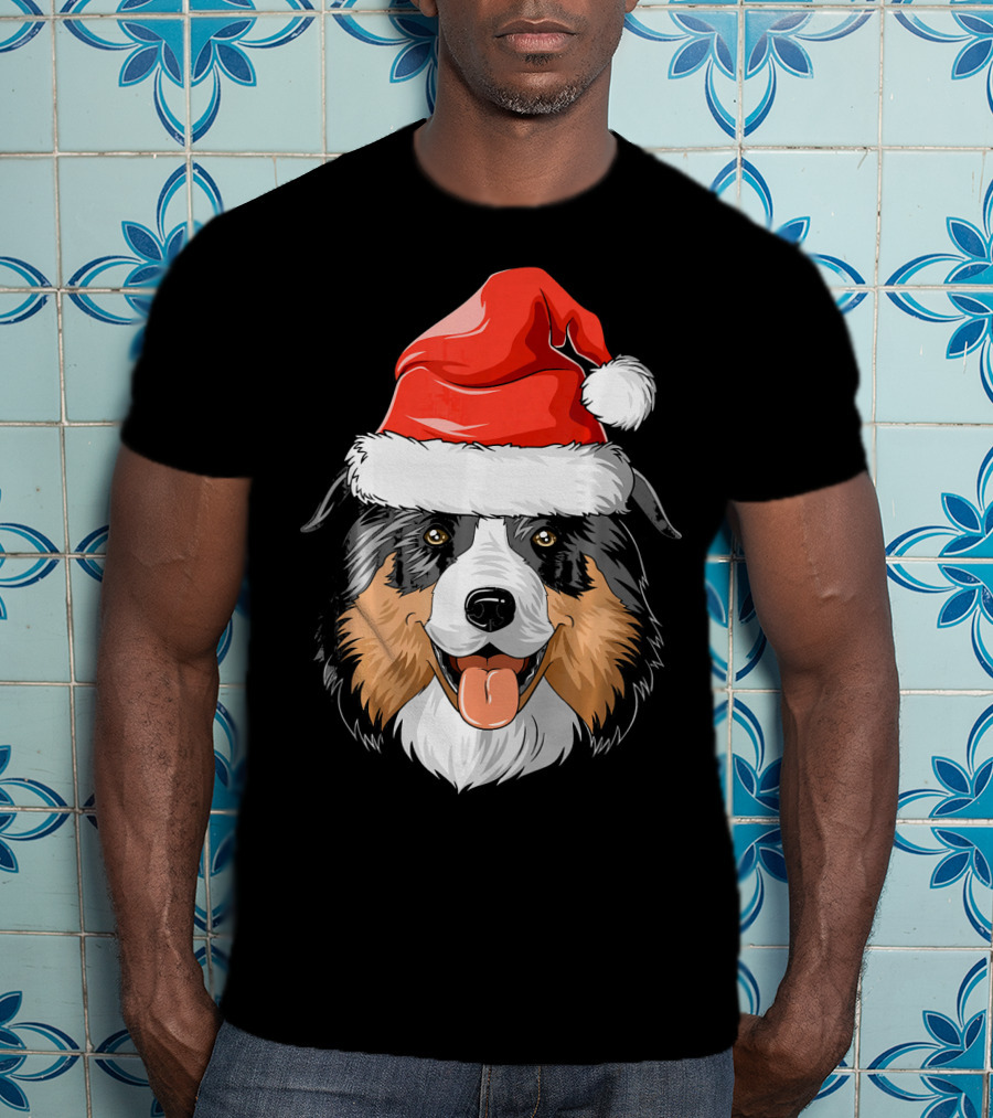 Australian Shepherd Dog Wearing Festive Santa Hat T-Shirt