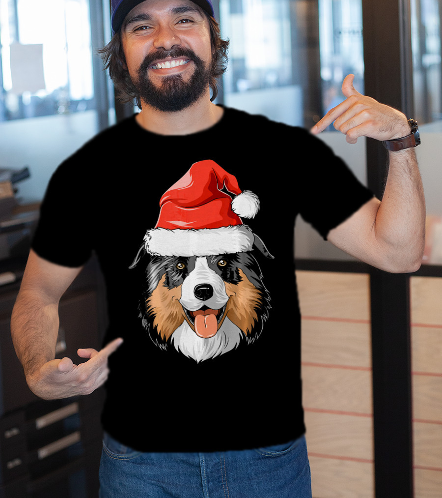 Australian Shepherd Dog Wearing Festive Santa Hat T-Shirt
