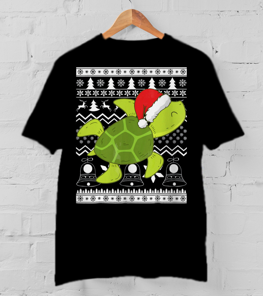 Sea Turtle Santa Holiday Sweater Design With Christmas Bells, Reindeer, Trees, And Snowflakes T-Shirt