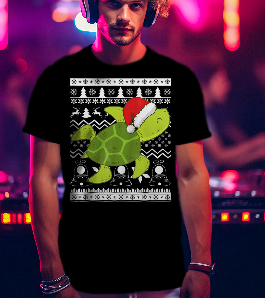 Sea Turtle Santa Holiday Sweater Design With Christmas Bells, Reindeer, Trees, And Snowflakes T-Shirt