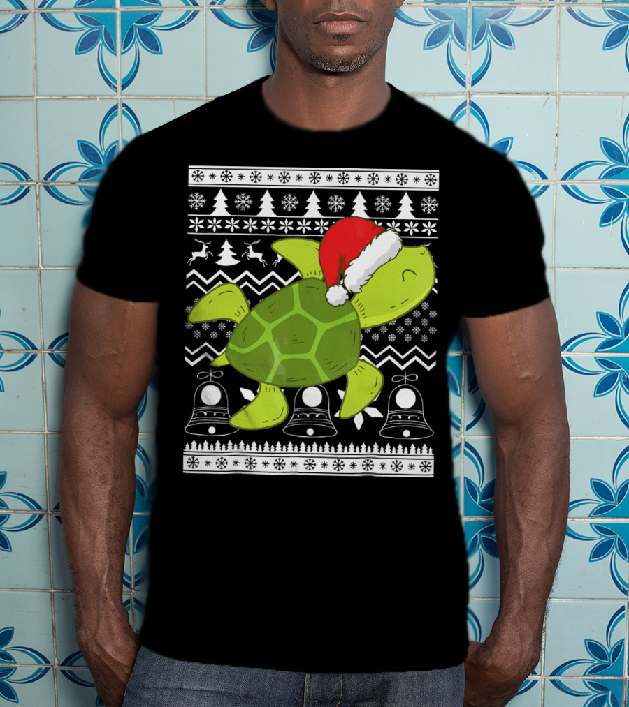 Sea Turtle Santa Holiday Sweater Design With Christmas Bells, Reindeer, Trees, And Snowflakes T-Shirt