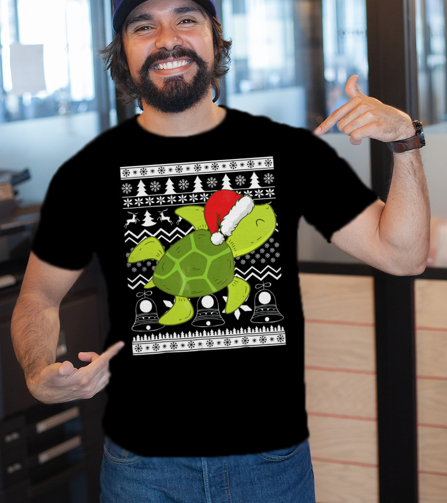 Sea Turtle Santa Holiday Sweater Design With Christmas Bells, Reindeer, Trees, And Snowflakes T-Shirt