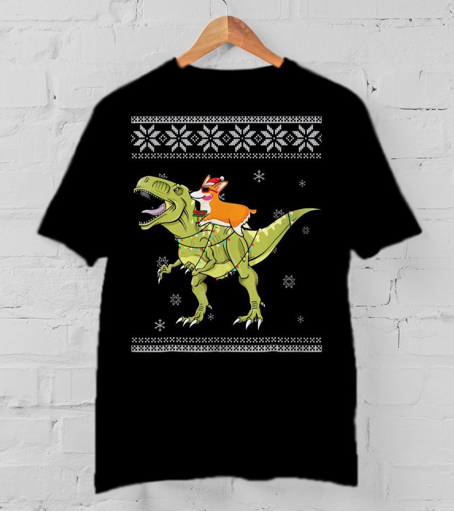 Corgi Riding T-Rex Dinosaur Christmas Lights Snowflakes Ugly T-Shirt
