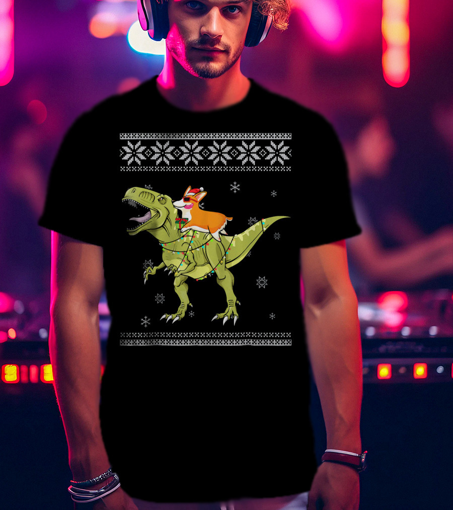 Corgi Riding T-Rex Dinosaur Christmas Lights Snowflakes Ugly T-Shirt