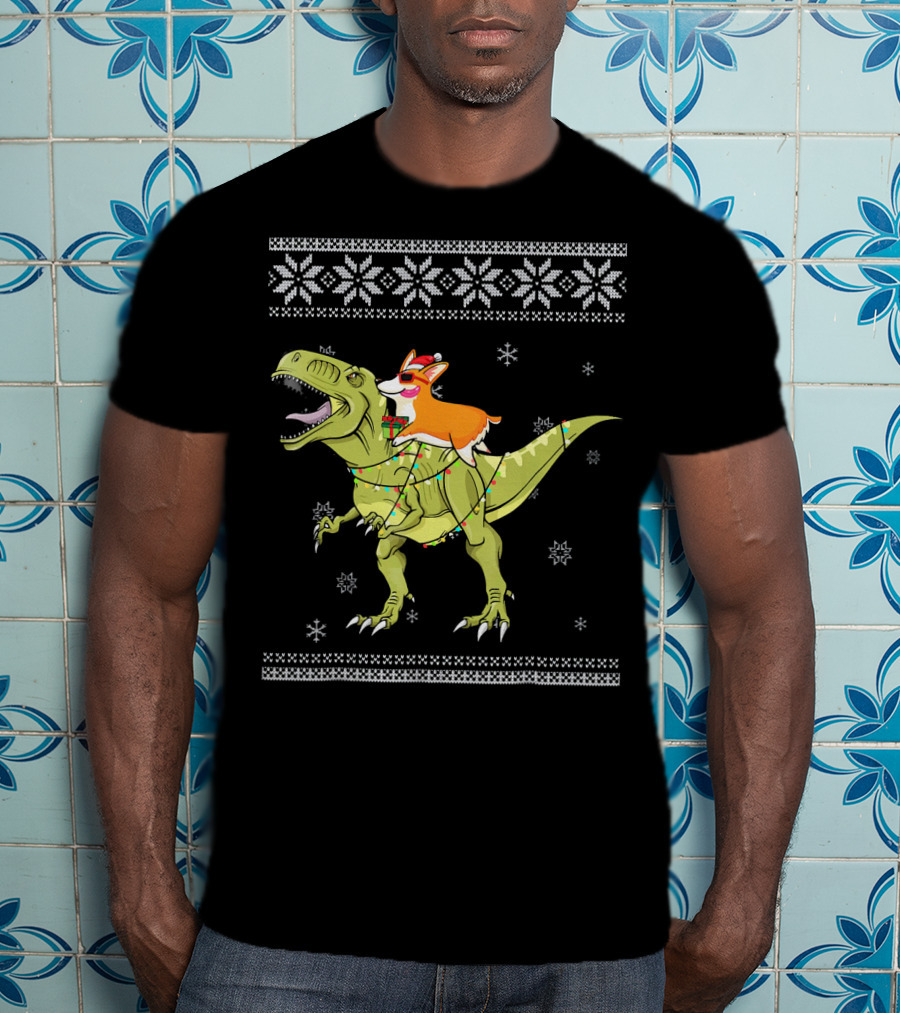 Corgi Riding T-Rex Dinosaur Christmas Lights Snowflakes Ugly T-Shirt