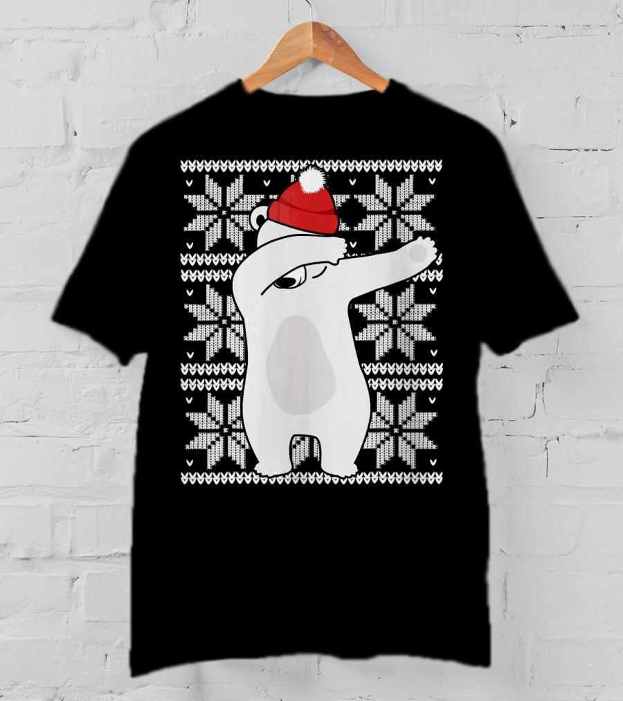 UGLY CHRISTMAS Dabbing Polar Bear In Santa Hat With Snowflake T-Shirt