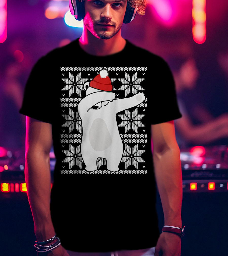 UGLY CHRISTMAS Dabbing Polar Bear In Santa Hat With Snowflake T-Shirt