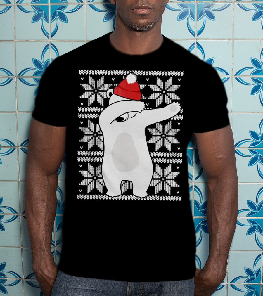 UGLY CHRISTMAS Dabbing Polar Bear In Santa Hat With Snowflake T-Shirt