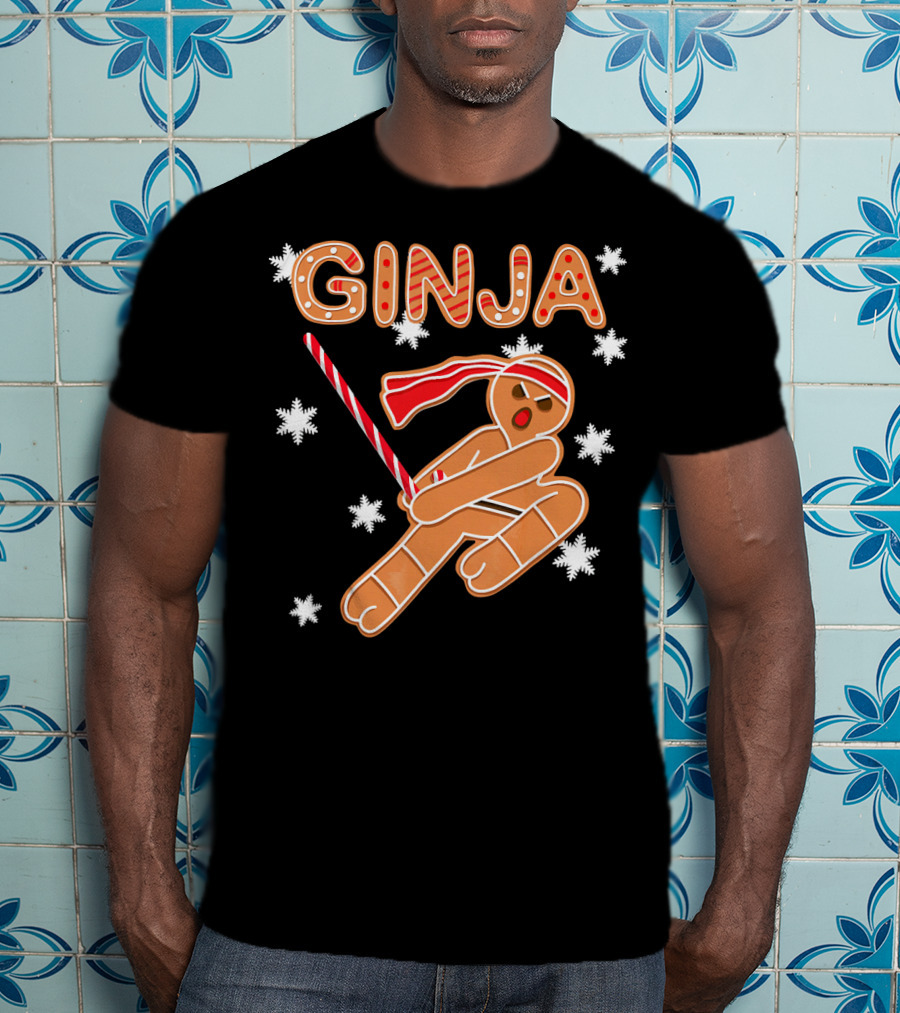 Gingerbread Ginja Funny Christmas Ninja Candy Cane Snowflakes T-Shirt
