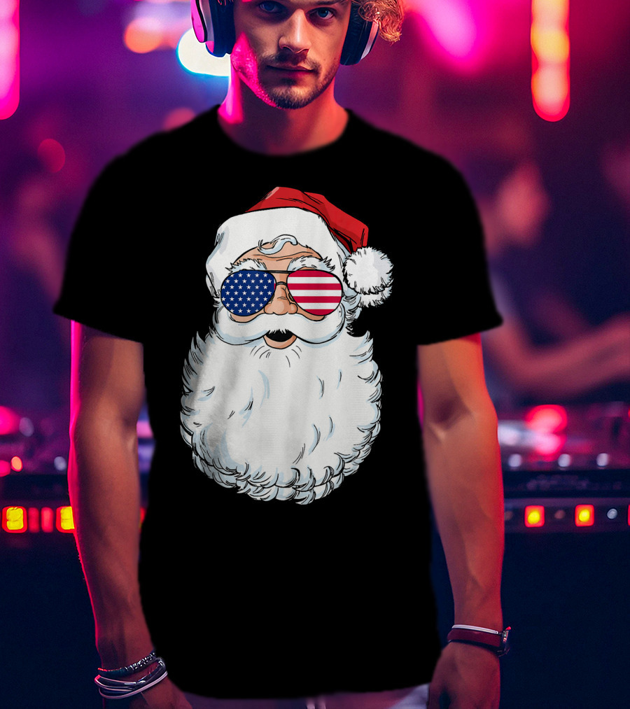 Santa Claus Patriotic USA Sunglasses Christmas T-Shirt