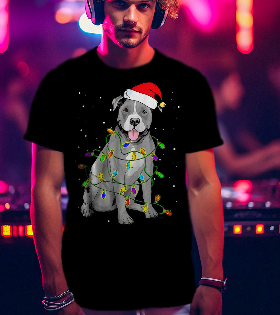 Pitbull In Santa Hat Wrapped In Christmas Lights With Snowy Background T-Shirt