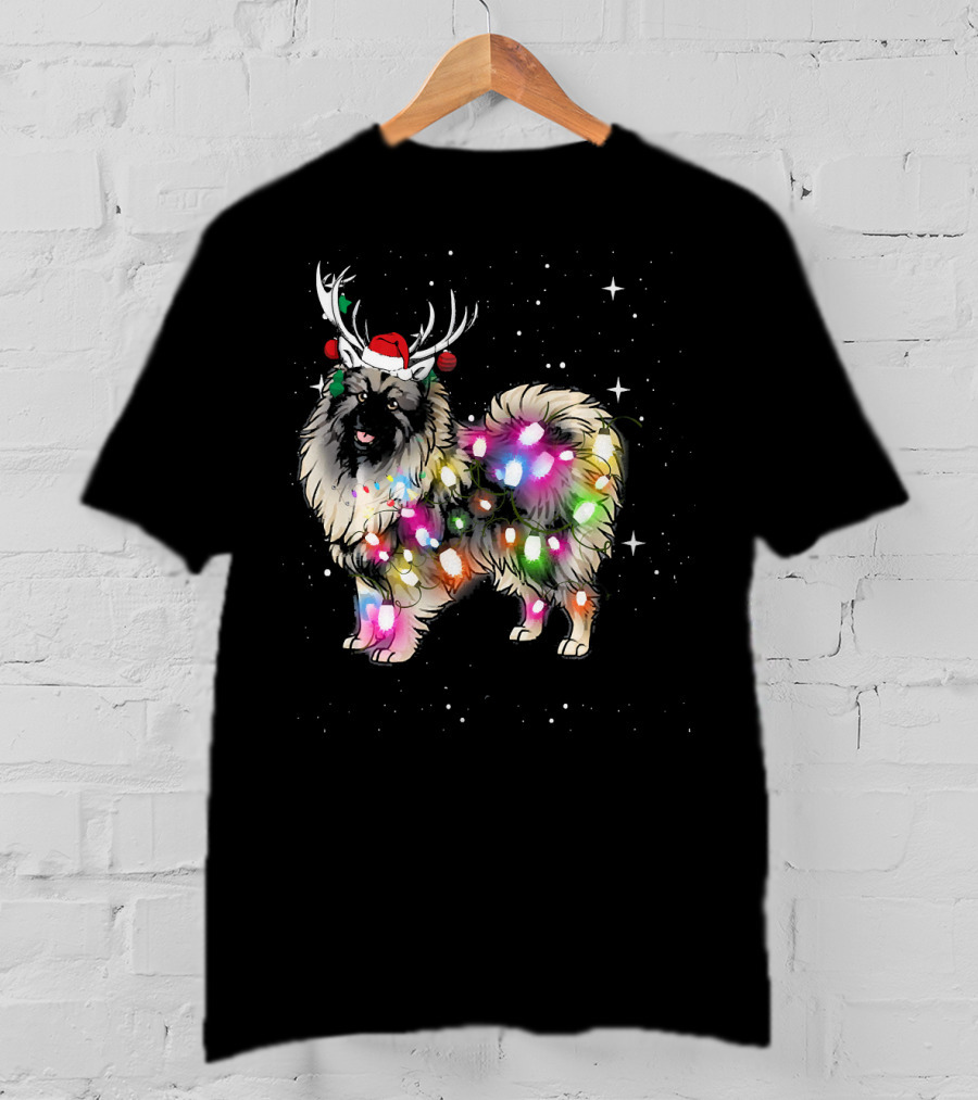 Keeshond Dog Wrapped In Christmas Lights Wearing Red Santa Hat And Antlers T-Shirt