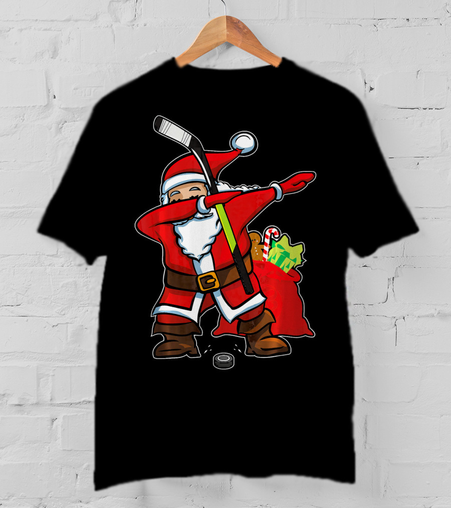 Santa Dabbing With Hockey Stick Christmas Hip Hop With Gifts And Hockey Puck T-Shirt