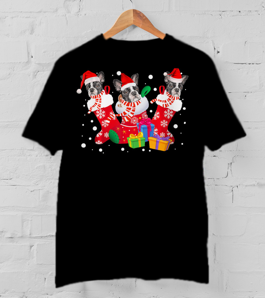 Three Boston Terrier In Santa Hat Stockings Christmas Gifts T-Shirt