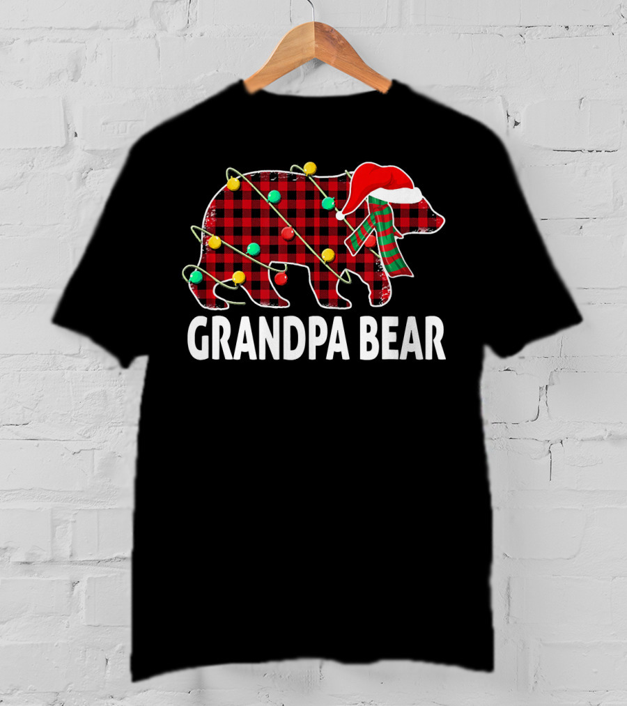 Grandpa Bear Plaid Christmas Hat Family Holiday Lights T-Shirt