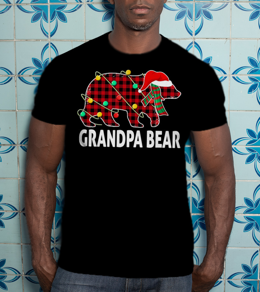 Grandpa Bear Plaid Christmas Hat Family Holiday Lights T-Shirt